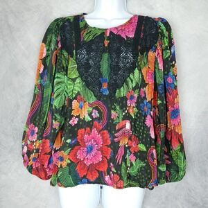Farm Rio Blouse Womens Medium Black Multicolor Lace Floral Parrot Boho Top